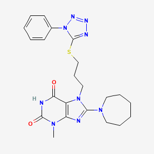 molecular formula C22H27N9O2S B2920462 8-(氮杂环戊-1-基)-3-甲基-7-(3-((1-苯基-1H-四唑-5-基)硫)丙基)-1H-嘌呤-2,6(3H,7H)-二酮 CAS No. 872627-81-1