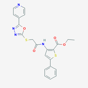 molecular formula C22H18N4O4S2 B292047 Ethyl 5-phenyl-3-[({[5-(4-pyridinyl)-1,3,4-oxadiazol-2-yl]sulfanyl}acetyl)amino]-2-thiophenecarboxylate 