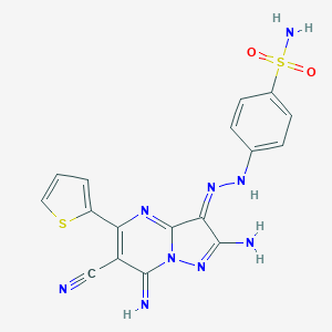 molecular formula C17H13N9O2S2 B292052 4-[(2E)-2-(2-amino-6-cyano-7-imino-5-thiophen-2-ylpyrazolo[1,5-a]pyrimidin-3-ylidene)hydrazinyl]benzenesulfonamide 