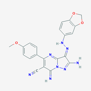 molecular formula C21H16N8O3 B292053 (3Z)-2-amino-3-(1,3-benzodioxol-5-ylhydrazinylidene)-7-imino-5-(4-methoxyphenyl)pyrazolo[1,5-a]pyrimidine-6-carbonitrile 