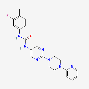 molecular formula C21H22FN7O B2920629 1-(3-氟-4-甲基苯基)-3-(2-(4-(吡啶-2-基)哌嗪-1-基)嘧啶-5-基)脲 CAS No. 1396782-43-6