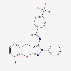 molecular formula C25H18F3N3O B2920655 (E)-8-methyl-2-phenyl-N-(4-(trifluoromethyl)benzylidene)-2,4-dihydrochromeno[2,3-c]pyrazol-3-amine CAS No. 931315-87-6