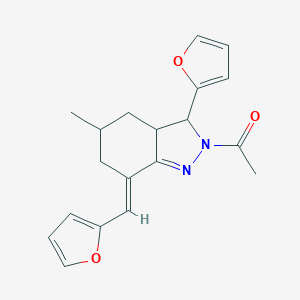 molecular formula C19H20N2O3 B292066 2-acetyl-3-(2-furyl)-7-(2-furylmethylene)-5-methyl-3,3a,4,5,6,7-hexahydro-2H-indazole 