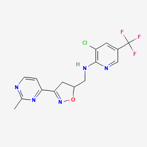 molecular formula C15H13ClF3N5O B2920786 3-chloro-N-{[3-(2-methyl-4-pyrimidinyl)-4,5-dihydro-5-isoxazolyl]methyl}-5-(trifluoromethyl)-2-pyridinamine CAS No. 344277-27-6