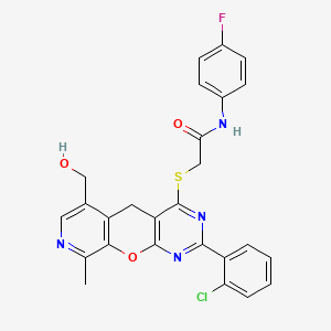 molecular formula C26H20ClFN4O3S B2920874 2-((2-(2-chlorophenyl)-6-(hydroxymethyl)-9-methyl-5H-pyrido[4',3':5,6]pyrano[2,3-d]pyrimidin-4-yl)thio)-N-(4-fluorophenyl)acetamide CAS No. 867040-77-5