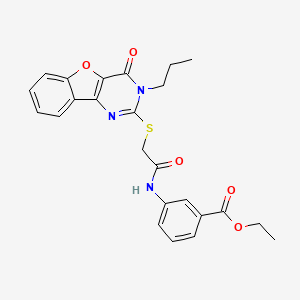 molecular formula C24H23N3O5S B2920901 3-(2-((4-氧代-3-丙基-3,4-二氢苯并呋喃[3,2-d]嘧啶-2-基)硫代)乙酰氨基)苯甲酸乙酯 CAS No. 900003-96-5