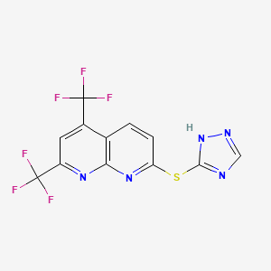 molecular formula C12H5F6N5S B2920931 7-(1H-1,2,4-triazol-3-ylsulfanyl)-2,4-bis(trifluoromethyl)[1,8]naphthyridine CAS No. 303151-91-9
