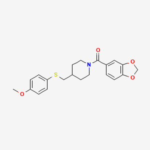molecular formula C21H23NO4S B2921007 Benzo[d][1,3]dioxol-5-yl(4-(((4-methoxyphenyl)thio)methyl)piperidin-1-yl)methanone CAS No. 1421462-82-9