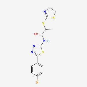 molecular formula C14H13BrN4OS3 B2921022 N-[5-(4-bromophenyl)-1,3,4-thiadiazol-2-yl]-2-(4,5-dihydro-1,3-thiazol-2-ylsulfanyl)propanamide CAS No. 394234-37-8