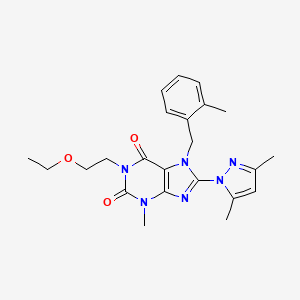 molecular formula C23H28N6O3 B2921028 8-(3,5-Dimethylpyrazolyl)-1-(2-ethoxyethyl)-3-methyl-7-[(2-methylphenyl)methyl]-1,3,7-trihydropurine-2,6-dione CAS No. 1020454-63-0