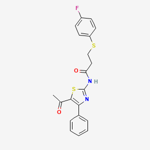 molecular formula C20H17FN2O2S2 B2921142 N-(5-乙酰基-4-苯基噻唑-2-基)-3-((4-氟苯基)硫代)丙酰胺 CAS No. 896352-20-8