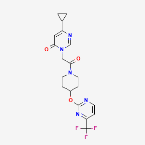 molecular formula C19H20F3N5O3 B2921150 6-Cyclopropyl-3-[2-oxo-2-[4-[4-(trifluoromethyl)pyrimidin-2-yl]oxypiperidin-1-yl]ethyl]pyrimidin-4-one CAS No. 2380168-53-4