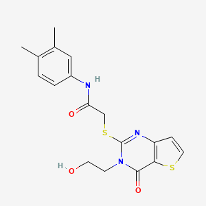 molecular formula C18H19N3O3S2 B2921165 N-(3,4-二甲苯基)-2-((3-(2-羟乙基)-4-氧代-3,4-二氢噻吩[3,2-d]嘧啶-2-基)硫代)乙酰胺 CAS No. 1798620-51-5