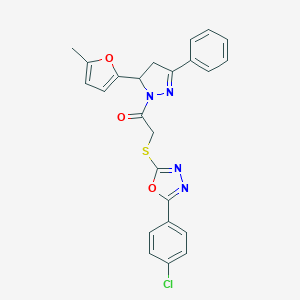 molecular formula C24H19ClN4O3S B292119 2-(4-chlorophenyl)-5-({2-[5-(5-methyl-2-furyl)-3-phenyl-4,5-dihydro-1H-pyrazol-1-yl]-2-oxoethyl}sulfanyl)-1,3,4-oxadiazole 