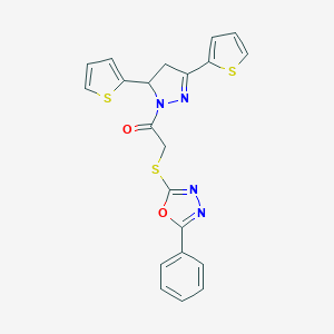 molecular formula C21H16N4O2S3 B292120 2-({2-[3,5-di(2-thienyl)-4,5-dihydro-1H-pyrazol-1-yl]-2-oxoethyl}sulfanyl)-5-phenyl-1,3,4-oxadiazole 