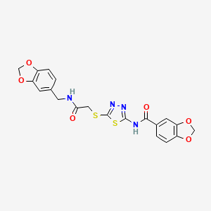 molecular formula C20H16N4O6S2 B2921222 N-(5-((2-((苯并[d][1,3]二氧杂环-5-基甲基)氨基)-2-氧代乙基)硫)-1,3,4-噻二唑-2-基)苯并[d][1,3]二氧杂环-5-甲酰胺 CAS No. 893146-85-5