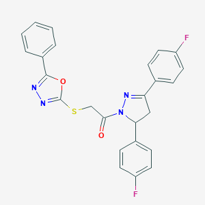 2-[3,5-bis(4-fluorophenyl)-4,5-dihydro-1H-pyrazol-1-yl]-2-oxoethyl 5-phenyl-1,3,4-oxadiazol-2-yl sulfide