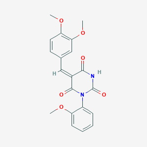 molecular formula C20H18N2O6 B2921269 (5E)-5-[(3,4-dimethoxyphenyl)methylidene]-1-(2-methoxyphenyl)-1,3-diazinane-2,4,6-trione CAS No. 314054-42-7