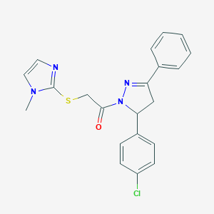molecular formula C21H19ClN4OS B292128 2-[5-(4-chlorophenyl)-3-phenyl-4,5-dihydro-1H-pyrazol-1-yl]-2-oxoethyl 1-methyl-1H-imidazol-2-yl sulfide 