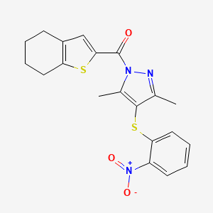 molecular formula C20H19N3O3S2 B2921280 (3,5-dimethyl-4-((2-nitrophenyl)thio)-1H-pyrazol-1-yl)(4,5,6,7-tetrahydrobenzo[b]thiophen-2-yl)methanone CAS No. 958587-29-6