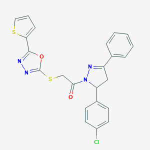 molecular formula C23H17ClN4O2S2 B292129 2-[5-(4-chlorophenyl)-3-phenyl-4,5-dihydro-1H-pyrazol-1-yl]-2-oxoethyl 5-(2-thienyl)-1,3,4-oxadiazol-2-yl sulfide 