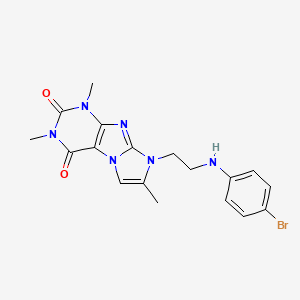 molecular formula C18H19BrN6O2 B2921338 8-(2-((4-bromophenyl)amino)ethyl)-1,3,7-trimethyl-1H-imidazo[2,1-f]purine-2,4(3H,8H)-dione CAS No. 923685-40-9