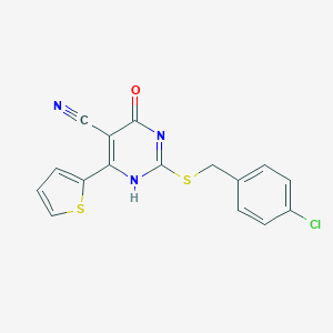 molecular formula C16H10ClN3OS2 B292137 2-[(4-chlorophenyl)methylsulfanyl]-4-oxo-6-thiophen-2-yl-1H-pyrimidine-5-carbonitrile 