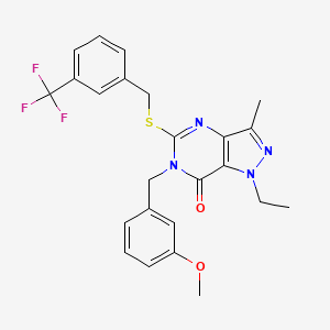 molecular formula C24H23F3N4O2S B2921409 1-ethyl-6-(3-methoxybenzyl)-3-methyl-5-((3-(trifluoromethyl)benzyl)thio)-1H-pyrazolo[4,3-d]pyrimidin-7(6H)-one CAS No. 1358831-70-5
