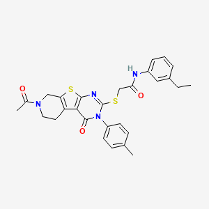 molecular formula C28H28N4O3S2 B2921446 2-((7-acetyl-4-oxo-3-(p-tolyl)-3,4,5,6,7,8-hexahydropyrido[4',3':4,5]thieno[2,3-d]pyrimidin-2-yl)thio)-N-(3-ethylphenyl)acetamide CAS No. 1189728-13-9