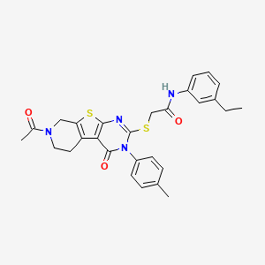 2-[[11-acetyl-4-(4-methylphenyl)-3-oxo-8-thia-4,6,11-triazatricyclo[7.4.0.02,7]trideca-1(9),2(7),5-trien-5-yl]sulfanyl]-N-(3-ethylphenyl)acetamide