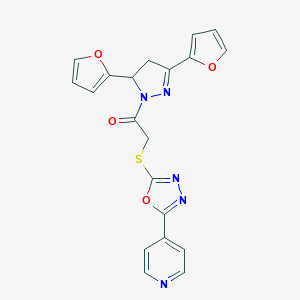molecular formula C20H15N5O4S B292150 2-[3,5-di(2-furyl)-4,5-dihydro-1H-pyrazol-1-yl]-2-oxoethyl 5-(4-pyridinyl)-1,3,4-oxadiazol-2-yl sulfide 