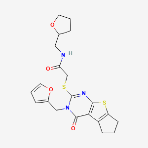 molecular formula C21H23N3O4S2 B2921532 2-((3-(furan-2-ylmethyl)-4-oxo-4,5,6,7-tetrahydro-3H-cyclopenta[4,5]thieno[2,3-d]pyrimidin-2-yl)thio)-N-((tetrahydrofuran-2-yl)methyl)acetamide CAS No. 717874-72-1