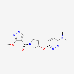 molecular formula C16H22N6O3 B2921534 (3-((6-(二甲氨基)哒嗪-3-基)氧基)吡咯烷-1-基)(3-甲氧基-1-甲基-1H-吡唑-4-基)甲苯酮 CAS No. 2034504-24-8