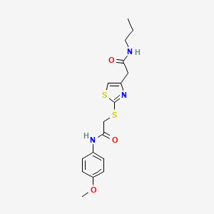 molecular formula C17H21N3O3S2 B2921577 N-(4-甲氧基苯基)-2-((4-(2-氧代-2-(丙氨基)乙基)噻唑-2-基)硫代)乙酰胺 CAS No. 941892-61-1