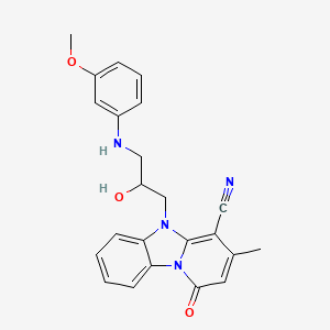 molecular formula C23H22N4O3 B2921608 5-{2-Hydroxy-3-[(3-methoxyphenyl)amino]propyl}-3-methyl-1-oxo-1,5-dihydropyrido[1,2-a]benzimidazole-4-carbonitrile CAS No. 850803-59-7