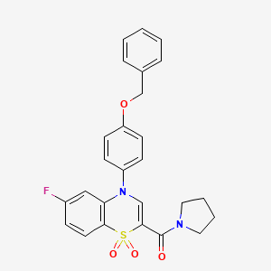 molecular formula C26H23FN2O4S B2921635 (4-(4-(benzyloxy)phenyl)-6-fluoro-1,1-dioxido-4H-benzo[b][1,4]thiazin-2-yl)(pyrrolidin-1-yl)methanone CAS No. 1031960-65-2