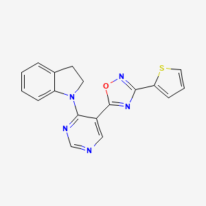 molecular formula C18H13N5OS B2921639 5-(4-(Indolin-1-yl)pyrimidin-5-yl)-3-(thiophen-2-yl)-1,2,4-oxadiazole CAS No. 2034570-53-9