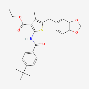 molecular formula C27H29NO5S B2921682 5-(苯并[d][1,3]二氧杂环-5-基甲基)-2-(4-(叔丁基)苯甲酰胺)-4-甲硫代苯并-3-羧酸乙酯 CAS No. 476365-27-2