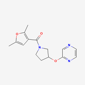 molecular formula C15H17N3O3 B2921702 (2,5-二甲基呋喃-3-基)(3-(吡嗪-2-氧基)吡咯烷-1-基)甲苯酮 CAS No. 2034582-83-5