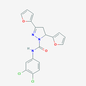 molecular formula C18H13Cl2N3O3 B292171 N-(3,4-dichlorophenyl)-3,5-di(2-furyl)-4,5-dihydro-1H-pyrazole-1-carboxamide 