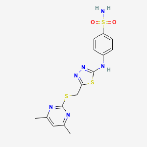 molecular formula C15H16N6O2S3 B2921775 4-((5-(((4,6-Dimethylpyrimidin-2-yl)thio)methyl)-1,3,4-thiadiazol-2-yl)amino)benzenesulfonamide CAS No. 638137-08-3