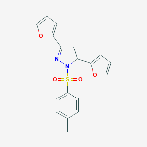 molecular formula C18H16N2O4S B292179 3,5-di(2-furyl)-1-[(4-methylphenyl)sulfonyl]-4,5-dihydro-1H-pyrazole 