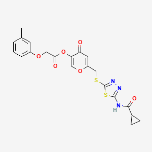 molecular formula C21H19N3O6S2 B2921804 6-(((5-(环丙烷甲酰胺)-1,3,4-噻二唑-2-基)硫代)甲基)-4-氧代-4H-吡喃-3-基 2-(间甲苯氧基)乙酸酯 CAS No. 896009-35-1