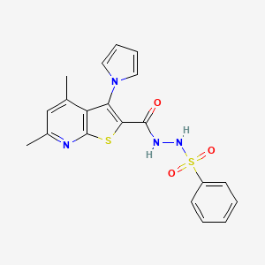 molecular formula C20H18N4O3S2 B2921842 N'-{[4,6-二甲基-3-(1H-吡咯-1-基)噻吩并[2,3-b]吡啶-2-基]羰基}苯磺酰肼 CAS No. 478029-14-0