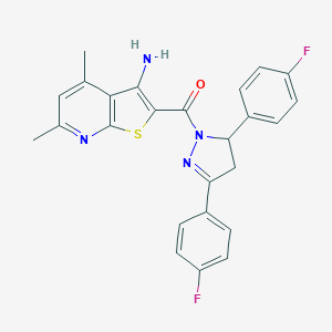 molecular formula C25H20F2N4OS B292185 2-{[3,5-bis(4-fluorophenyl)-4,5-dihydro-1H-pyrazol-1-yl]carbonyl}-4,6-dimethylthieno[2,3-b]pyridin-3-ylamine 