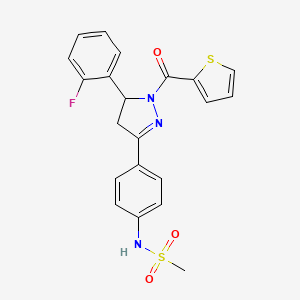molecular formula C21H18FN3O3S2 B2921868 N-[4-[3-(2-fluorophenyl)-2-(thiophene-2-carbonyl)-3,4-dihydropyrazol-5-yl]phenyl]methanesulfonamide CAS No. 833439-47-7