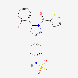 molecular formula C21H18FN3O3S2 B2921868 N-[4-[3-(2-fluorophenyl)-2-(thiophene-2-carbonyl)-3,4-dihydropyrazol-5-yl]phenyl]methanesulfonamide 