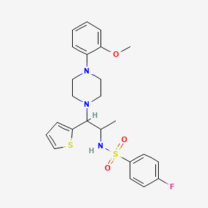 molecular formula C24H28FN3O3S2 B2921881 4-fluoro-N-[1-[4-(2-methoxyphenyl)piperazin-1-yl]-1-thiophen-2-ylpropan-2-yl]benzenesulfonamide CAS No. 847381-50-4