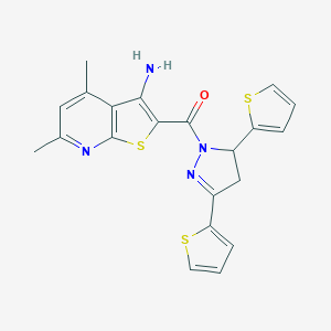 molecular formula C21H18N4OS3 B292190 2-{[3,5-di(2-thienyl)-4,5-dihydro-1H-pyrazol-1-yl]carbonyl}-4,6-dimethylthieno[2,3-b]pyridin-3-ylamine 