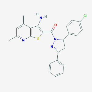 molecular formula C25H21ClN4OS B292193 2-{[5-(4-chlorophenyl)-3-phenyl-4,5-dihydro-1H-pyrazol-1-yl]carbonyl}-4,6-dimethylthieno[2,3-b]pyridin-3-ylamine 